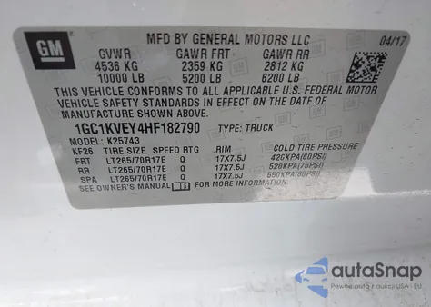 2017 Chevrolet Silverado 2500Hd Lt z USA, uszkodzony, nr VIN 1GC1KVEY4HF182790